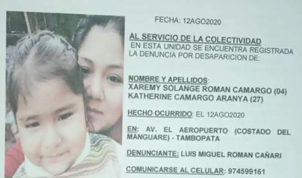 Niña de 4 años desaparece con su madre en Madre de Dios. Foto: Difusión.