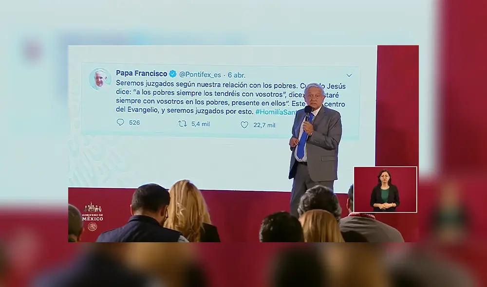 AMLO lee tuit del Papa Francisco en su mañanera del 7 de abril de 2020. Foto: Captura. AMLO lee tuit del Papa Francisco en su mañanera del 7 de abril de 2020. Foto: Captura.