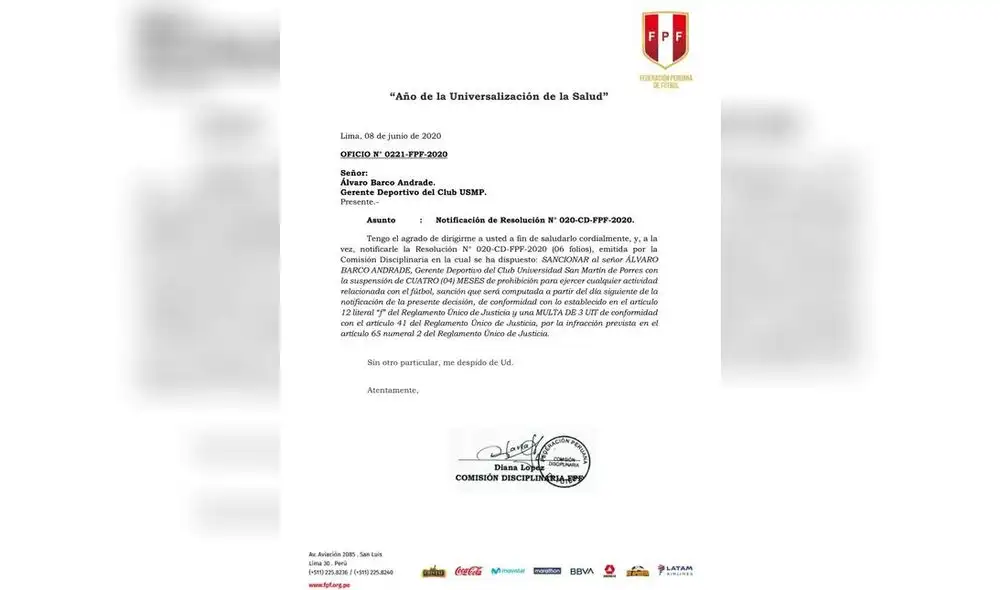 Álvaro Barco fue inhabilitado por 4 meses por Comisión Disciplinaria de la FPF. Foto: Captura