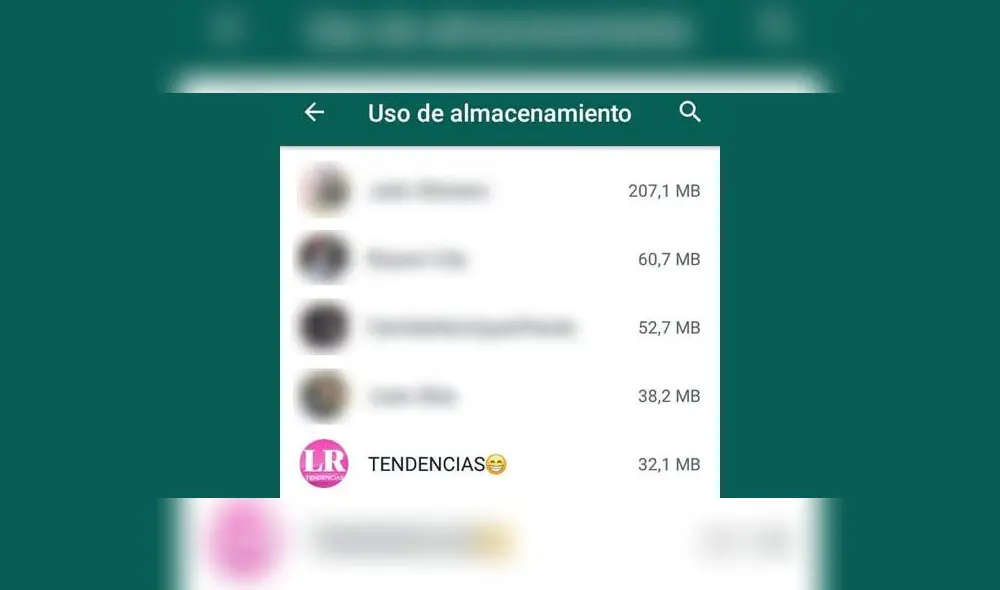Aquí verás toda una lista de conversaciones ordenadas por el espacio que ocupa cada una en tu WhatsApp.