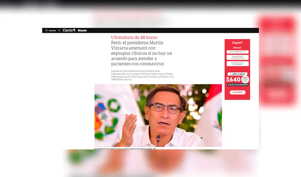 Algunos de los titulares de la prensa mundial sobre el anuncio de Vizcarra. Foto: captura Clarín. Algunos de los titulares de la prensa mundial sobre el anuncio de Vizcarra. Foto: captura Clarín.