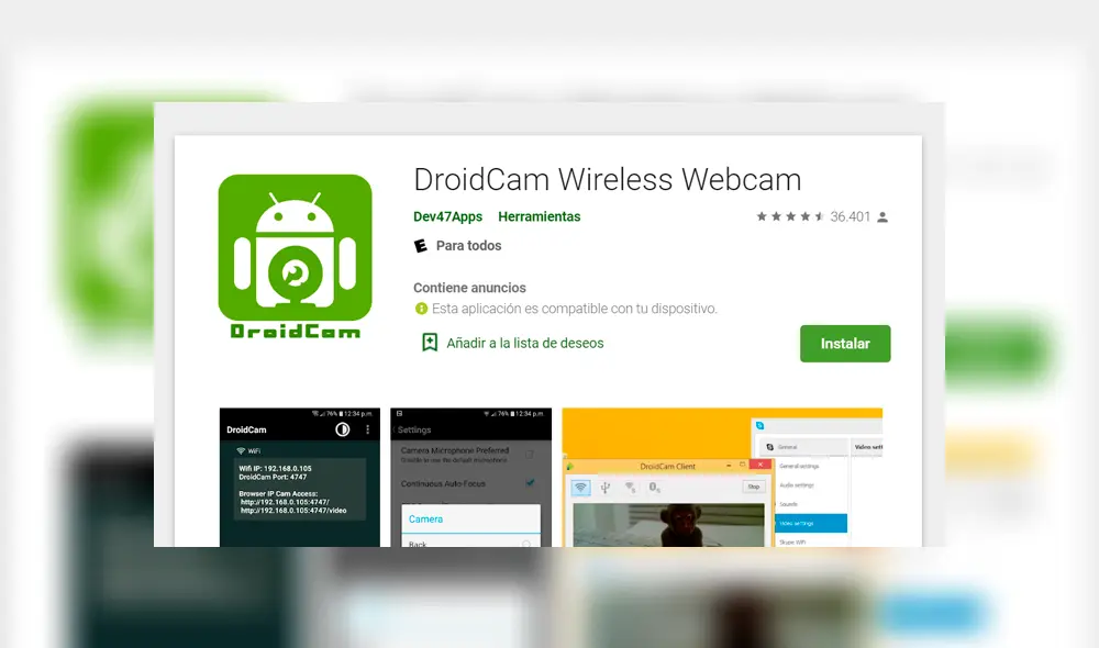Descarga DroidCam en tu teléfono Android.