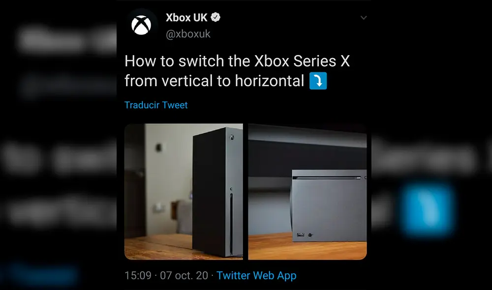 La cuenta de Xbox UK en Twitter fue la que publicó las imágenes de una Xbox Series X en vertical y luego horizontal, pero luego eliminó el tweet. Foto: Twitter. La cuenta de Xbox UK en Twitter fue la que publicó las imágenes de una Xbox Series X en vertical y luego horizontal, pero luego eliminó el tweet. Foto: Twitter.