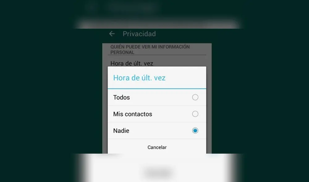 Eliminar la última hora de conexión en WhatsApp.