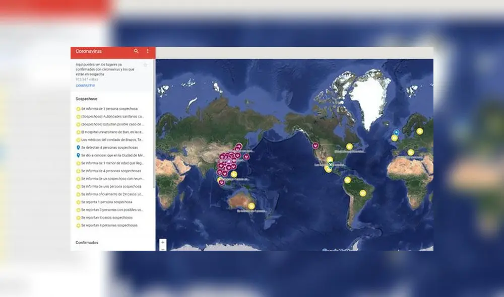 El mapa en 'tiempo real' de Google Maps que sigue el avance del coronavirus.