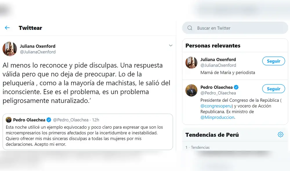 Juliana Oxenford tilda de “machista” a Pedro Olaechea por comentario contra mujeres