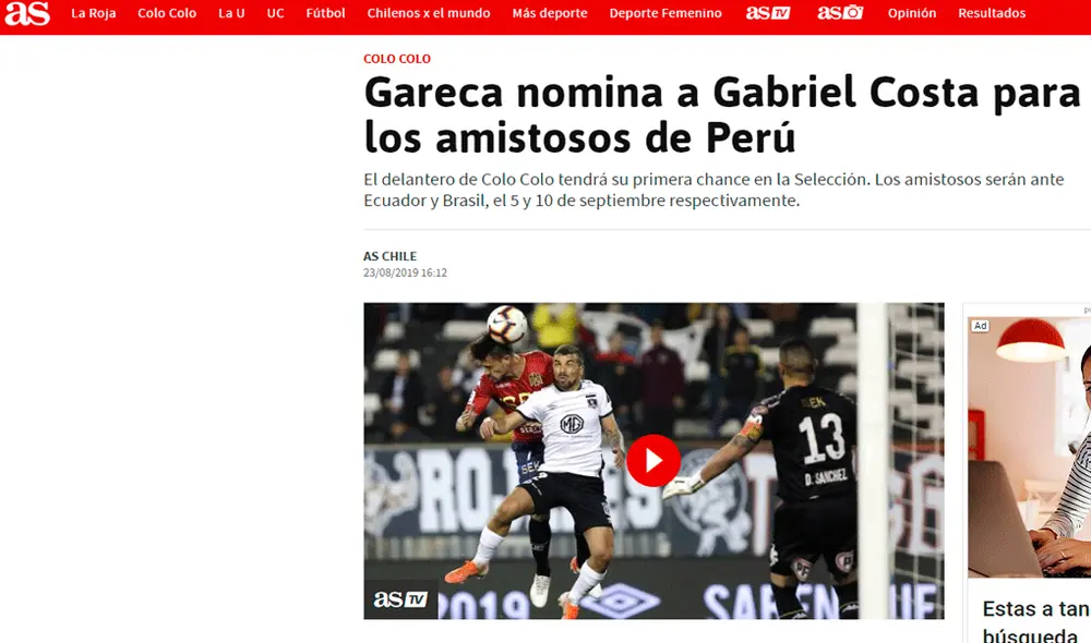 Así informó la prensa chilena sobre la convocatoria de Gabriel Costa a la selección peruana.