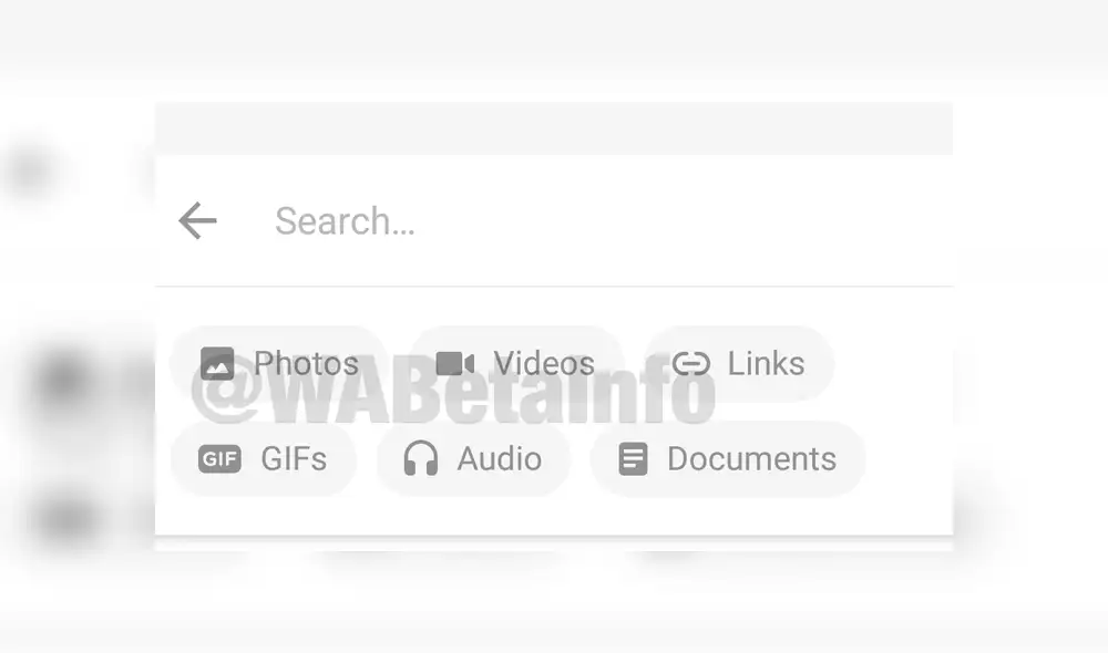 Las opciones de búsqueda avanzada permitirían encontrar fotos, videos, enlaces, GIF, audio y documentos. Foto: WABetaInfo.