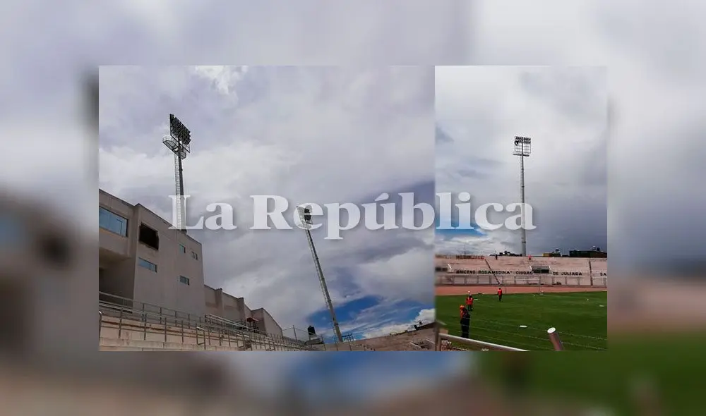 Las torres con luminarias que se instalaron  en el estadio Guillermo Briceño Rosamedina de Juliaca ya se encuentran listas.