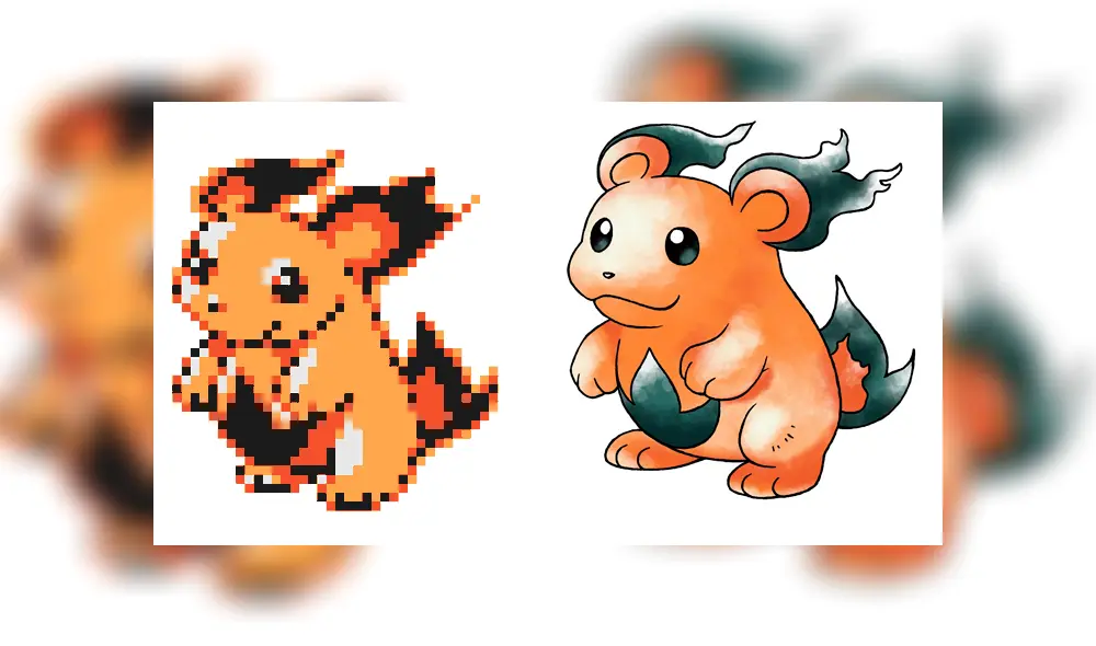 Sprite original de Honooguma y una ilustración a partir del mismo.