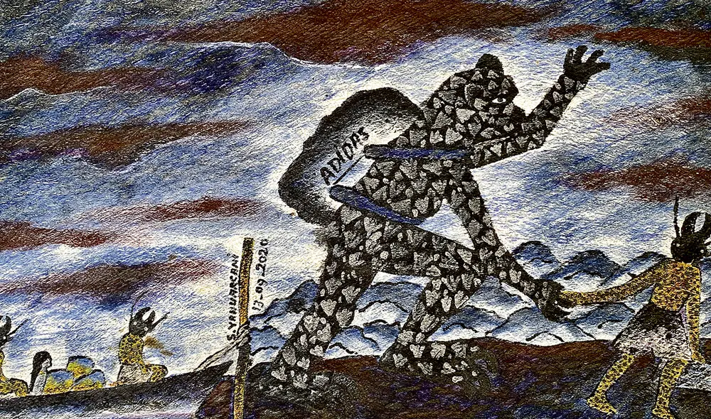 EN PEBAS. Santiago Yahuarcani pintando en una lanchama. Al lado, su visión del coronavirus.