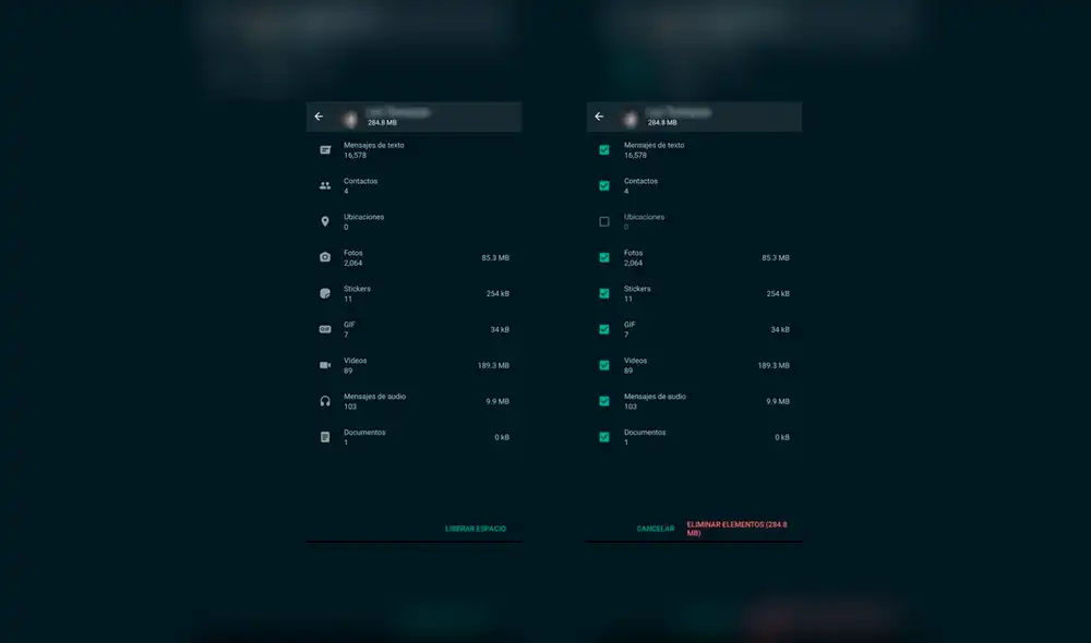 Desde aquí podrás ver una larga lista de chats ordenados por el espacio que ocupan, elige qué borrar y qué no de cada una de estas. Imagen: lanacion.com.ar.