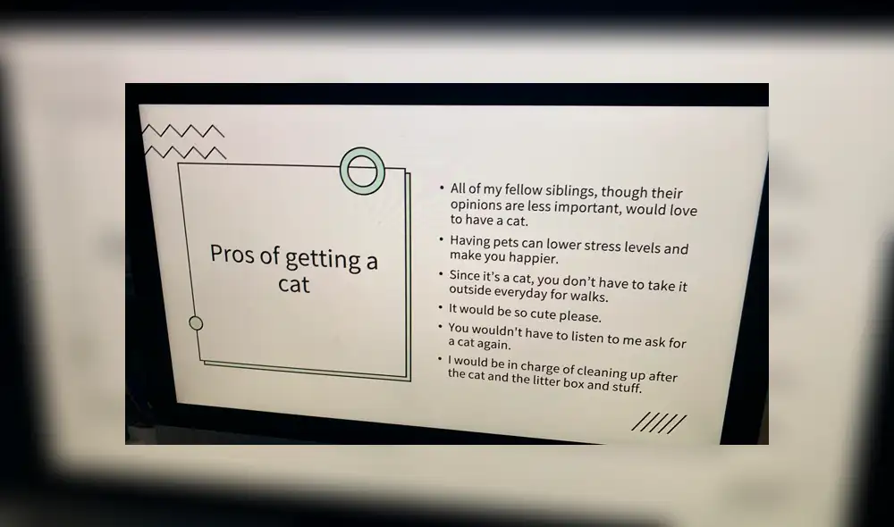 Desliza las imágenes para conocer el tierno mensaje que una joven colocó en su presentación de Powerpoint. Foto: Christopher Doyle. Desliza las imágenes para conocer el tierno mensaje que una joven colocó en su presentación de Powerpoint. Foto: Christopher Doyle.