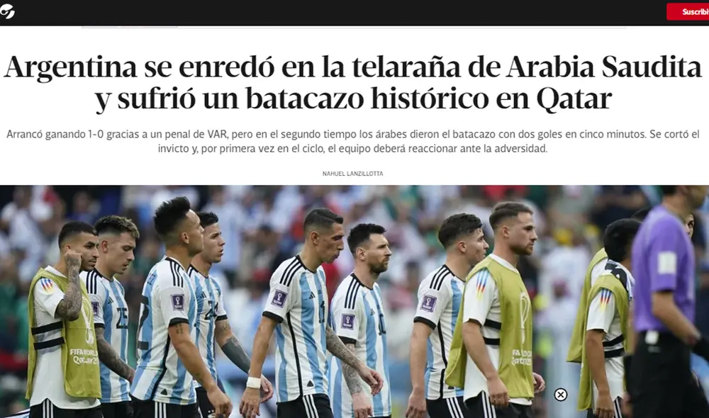 Argentina cayó 2 -1 en su debut ante Arabia Saudita. Foto: captura / Clarín Argentina cayó 2 -1 en su debut ante Arabia Saudita. Foto: captura / Clarín