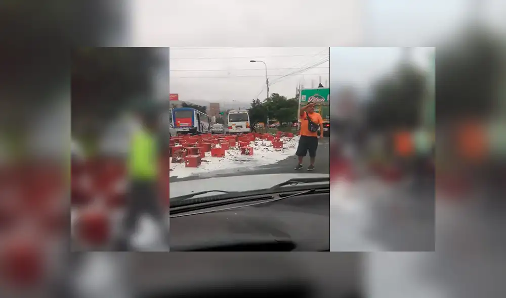 En Facebook, un conductor sufrió un accidente y provocó que las cajas de cerveza caigan a la pista.