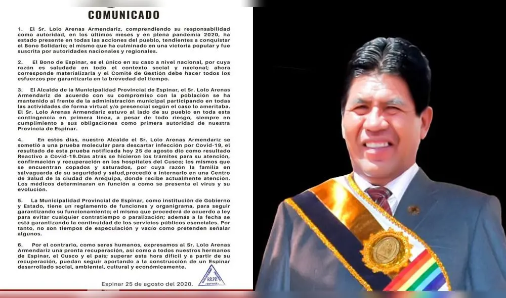 Cusco. Alcalde de Cusco, Lolo Arenas, contagiado con la COVID-19. Foto: Facebook Cusco. Alcalde de Cusco, Lolo Arenas, contagiado con la COVID-19. Foto: Facebook