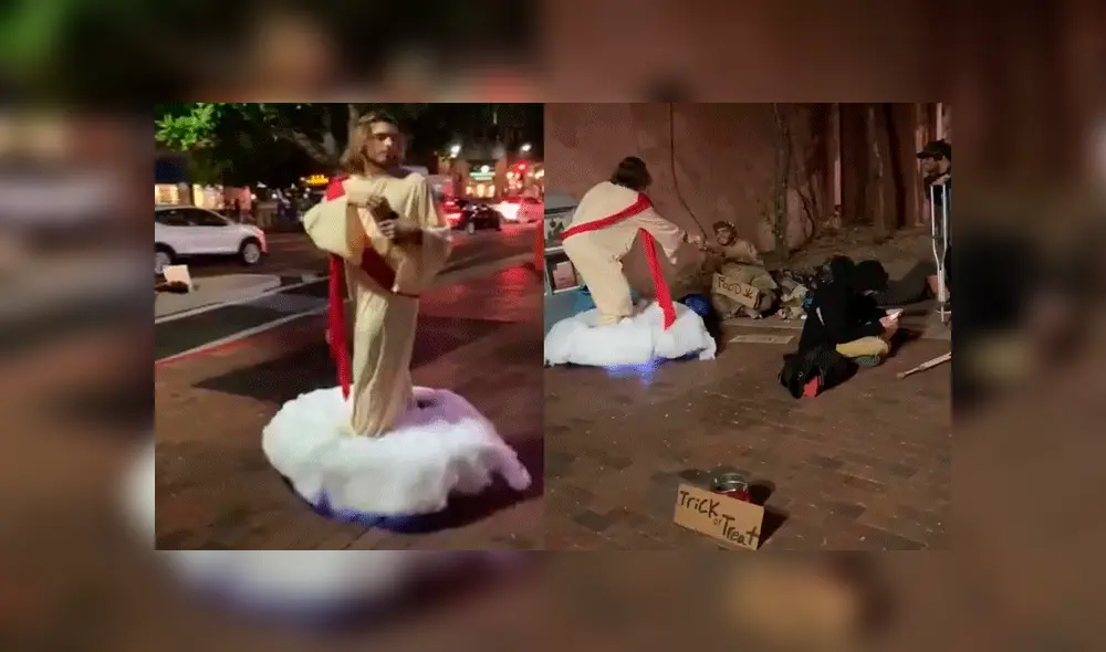 Joven se disfraza de Jesús y reparte pan a gente sin hogar durante Halloween [VIDEO]