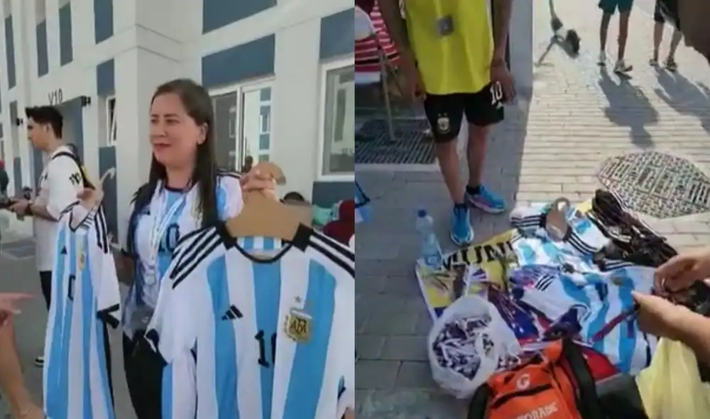 Vendedores venden camisetas de Argentina y Colombia en Doha. Foto: composición LR/ captura de video