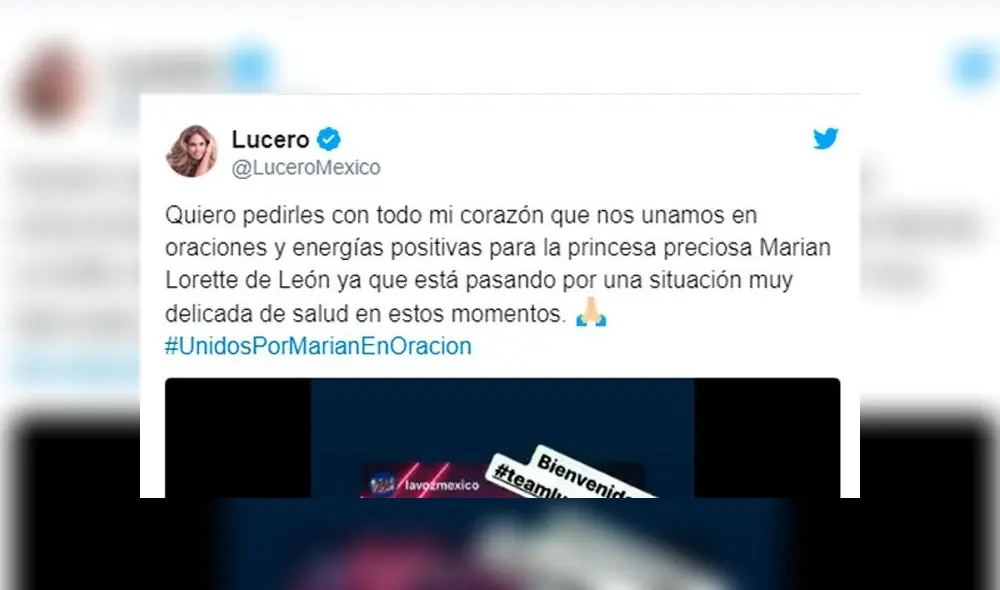 Marian Lorette, concursante de 'La Voz Kids' México, se encuentra internada. Foto: Twitter/Lucero