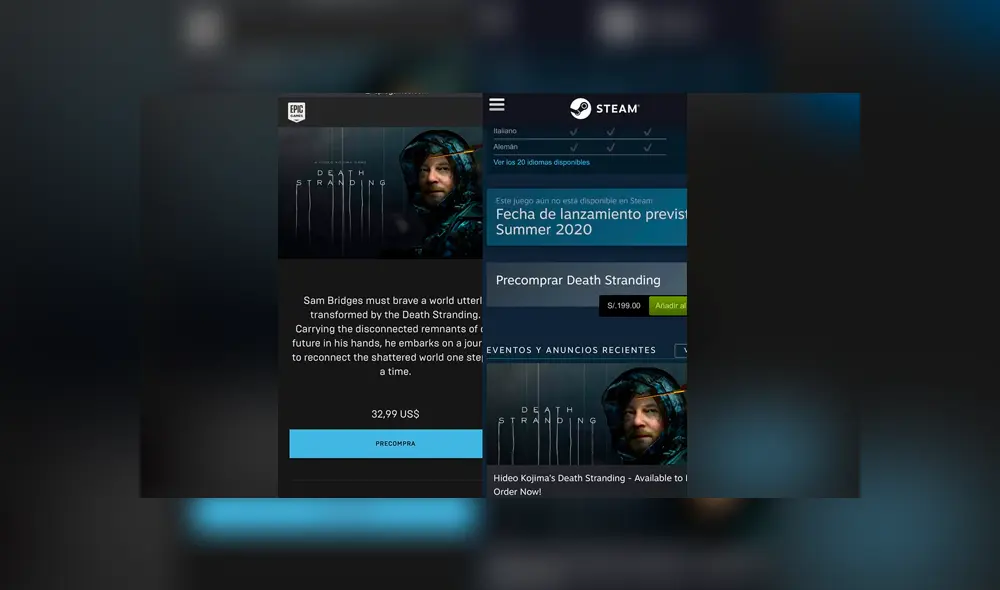 Precios de Death Stranding en Epic Games Store (izquierda) y Steam (derecha), casi 30 dólares de diferencia.