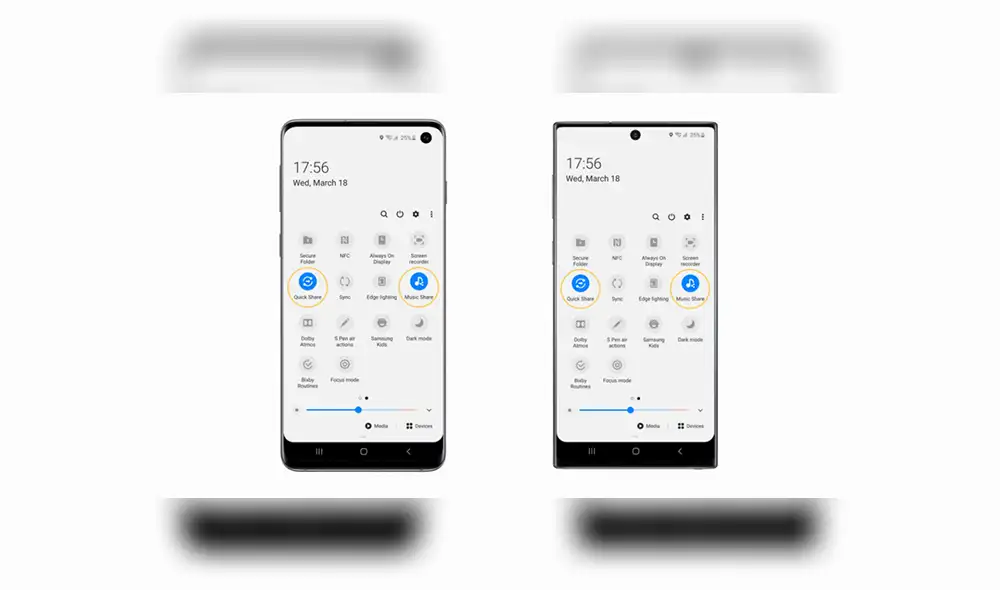 Funciones Quick Share y Music Share.