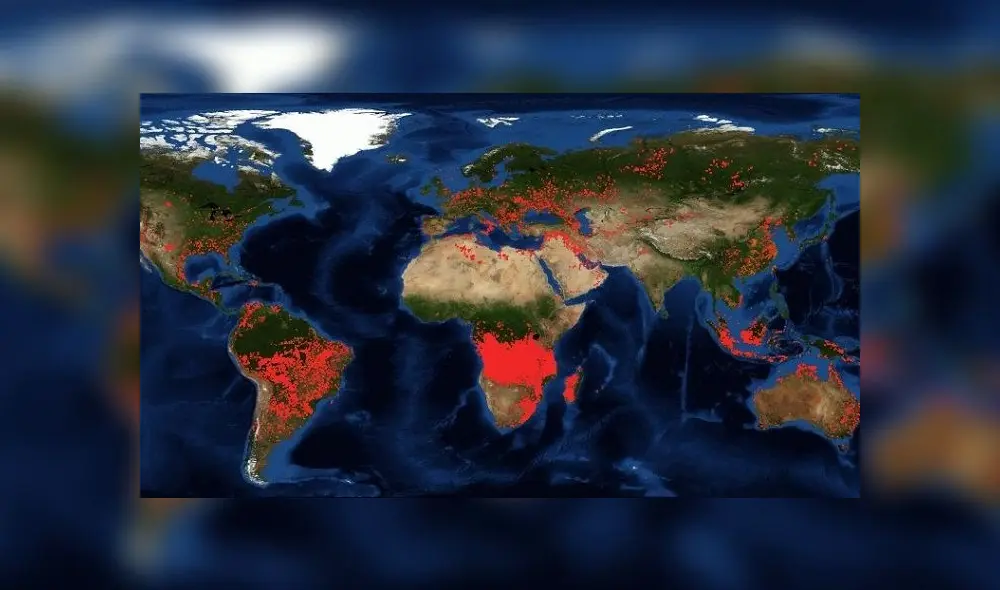 Los mapas de incendios de la NASA hacen ver claramente que hay una mayor incidencia de siniestros en África central. Foto: NASA Los mapas de incendios de la NASA hacen ver claramente que hay una mayor incidencia de siniestros en África central. Foto: NASA