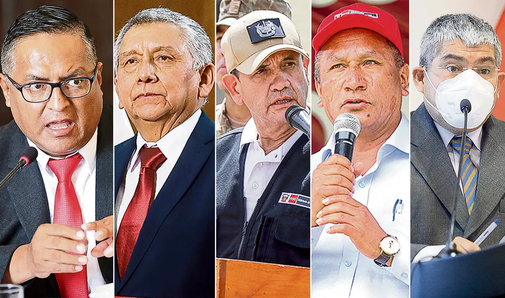 Hernán Condori y Carlos Palacios, primero y segundo de izquierda a derecha, son investigados por corrupción. José Gavidia y Juan Silva (tercero y cuarto), tienen procesos por violencia. Ángel Yldelfonso registró 78 faltas como procurador. Foto: composición/ difusión