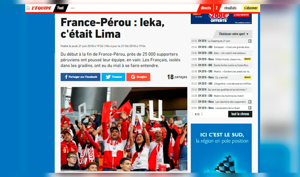 Diario francés L’Equipe sorprendido con el aliento de los hinchas de Perú