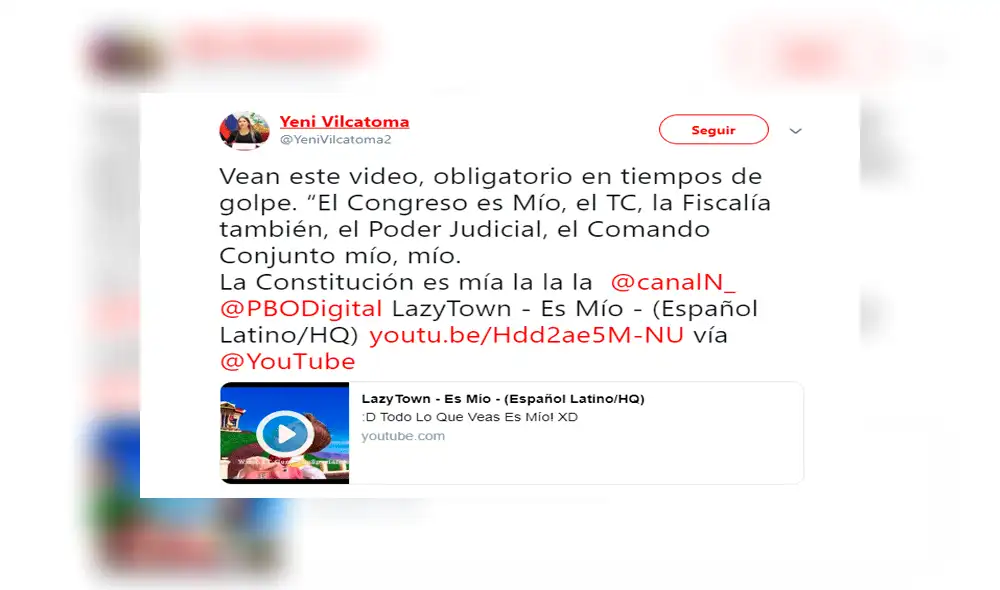Yeni Vilcatoma utiliza canción de Lazy Town para criticar el actual panorama político [VIDEO]