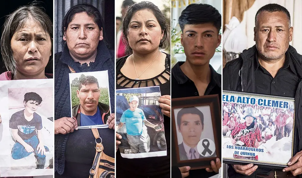 (De izquierda a derecha) 1. Partida. Edith Aguilar, con el retrato de su hijo José Luis. 2. Janeth Román, con el recuerdo de Raúl García. 3. Viuda. Ruth Barcena, con el retrato de Leonardo Hancco. 4. El padre. Enrique, con el retrato de Edgar Prado. 5. El hijo. Reider, padre del estudiante Clemer Rojas. Foto: composición La República