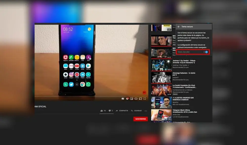 El 'modo oscuro' de YouTube en la versión web.