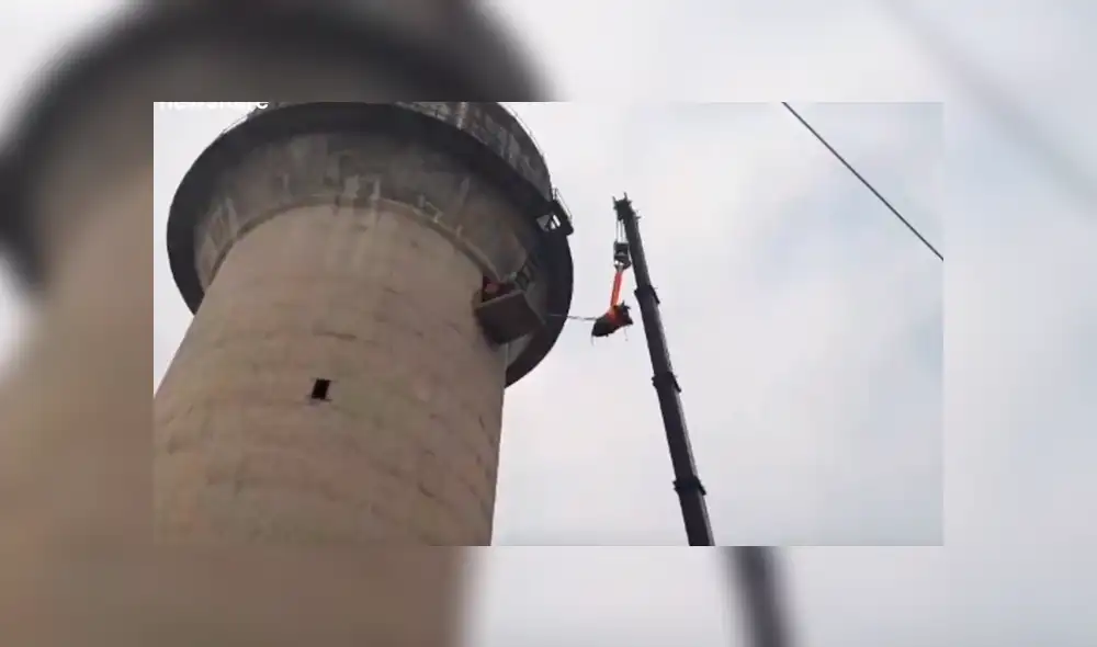 El toro subió solo hasta lo alto de la torre obligando a que sus rescatistas usen una grúa para poder bajarlo. Foto: captura