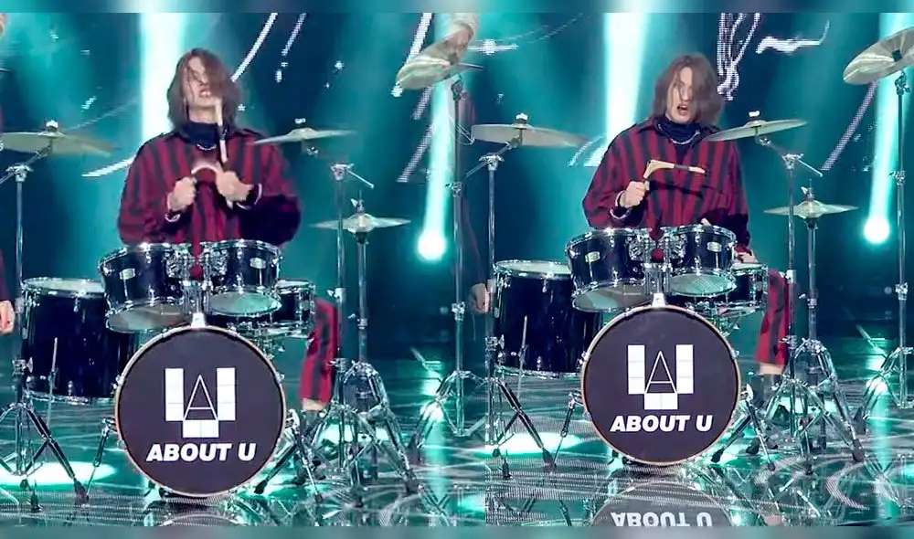 El baterista Victor rompe sus baquetas al finalizar la canción "Who took my candy".