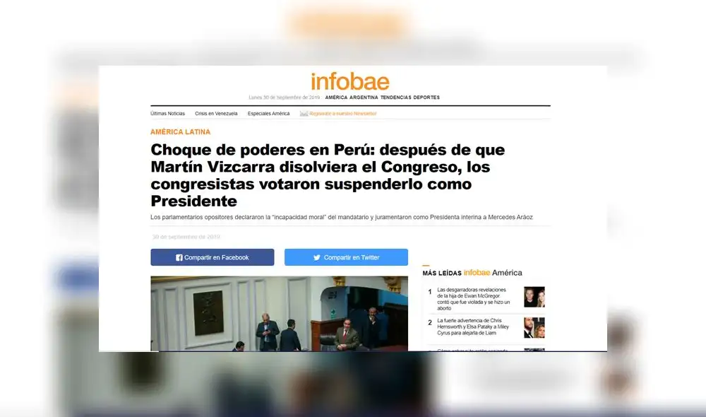 Así informan los medios internacionales sobre la vacancia a Martín Vizcarra y ascenso de Mercedes Aráoz a la presidencia interina del Perú. Foto: Captura Así informan los medios internacionales sobre la vacancia a Martín Vizcarra y ascenso de Mercedes Aráoz a la presidencia interina del Perú. Foto: Captura