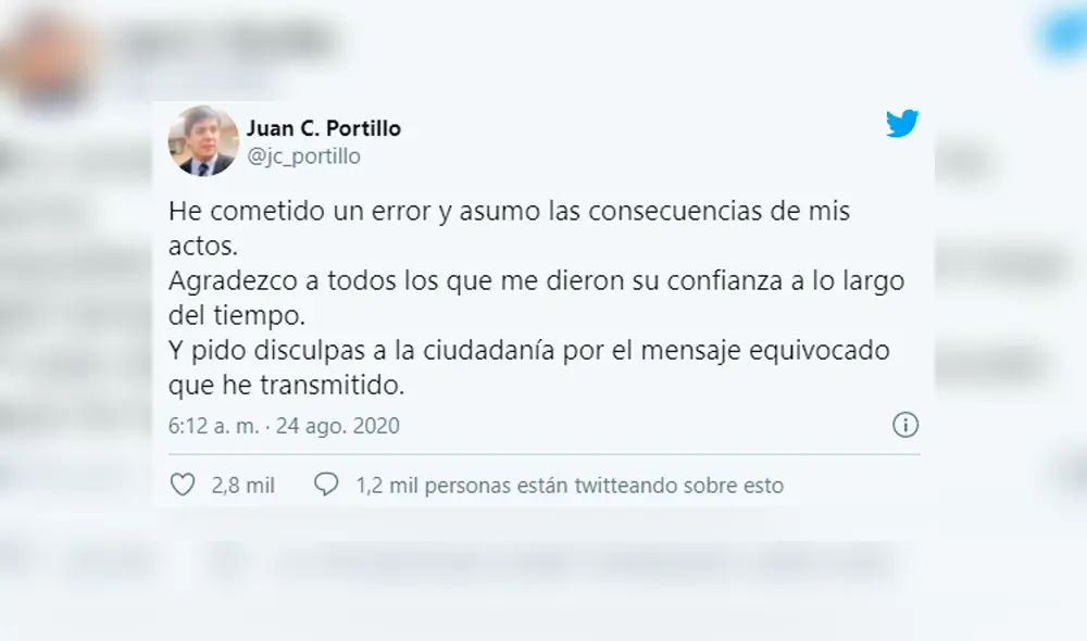 Juan Carlos Portillo pidió disculpas a la población a través de su cuenta de Twitter. Foto: Captura