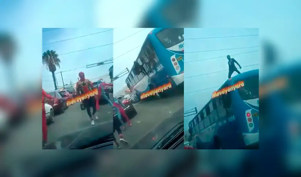 Video es viral en Facebook. El ‘Hombre Araña’ peruano fue grabado realizando una temeraria acción que sorprendió a todos los conductores, quienes no dudaron en colaborarle por su hazaña. Foto: Captura.