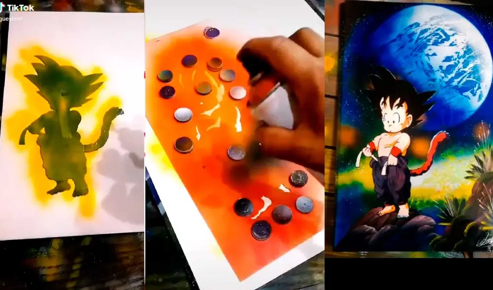Desliza las imágenes para ver el increíble dibujo con aerosol que hizo el artista de Goku de DBS. Foto: captura de TikTok/Gabriel Aguilar @gueybrel