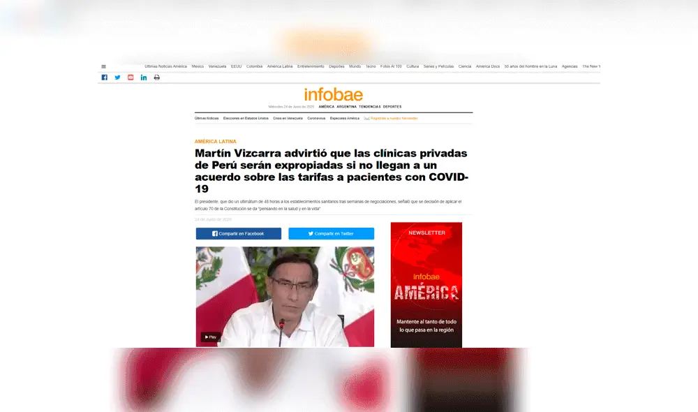 Algunos de los titulares de la prensa mundial sobre el anuncio de Vizcarra. Foto: captura Infobae. Algunos de los titulares de la prensa mundial sobre el anuncio de Vizcarra. Foto: captura Infobae.