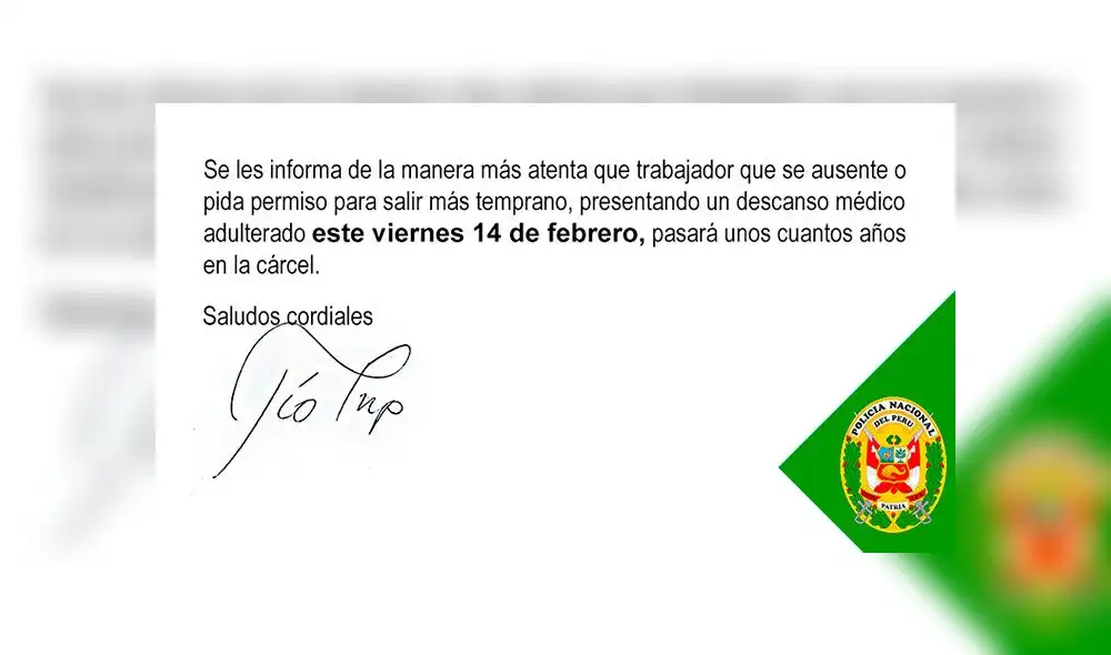 Presentar un certificado médico falso para faltar a tu trabajo en San Valentín puede derivar a seis años de prisión, informó la Policía. Foto: Composición Presentar un certificado médico falso para faltar a tu trabajo en San Valentín puede derivar a seis años de prisión, informó la Policía. Foto: Composición