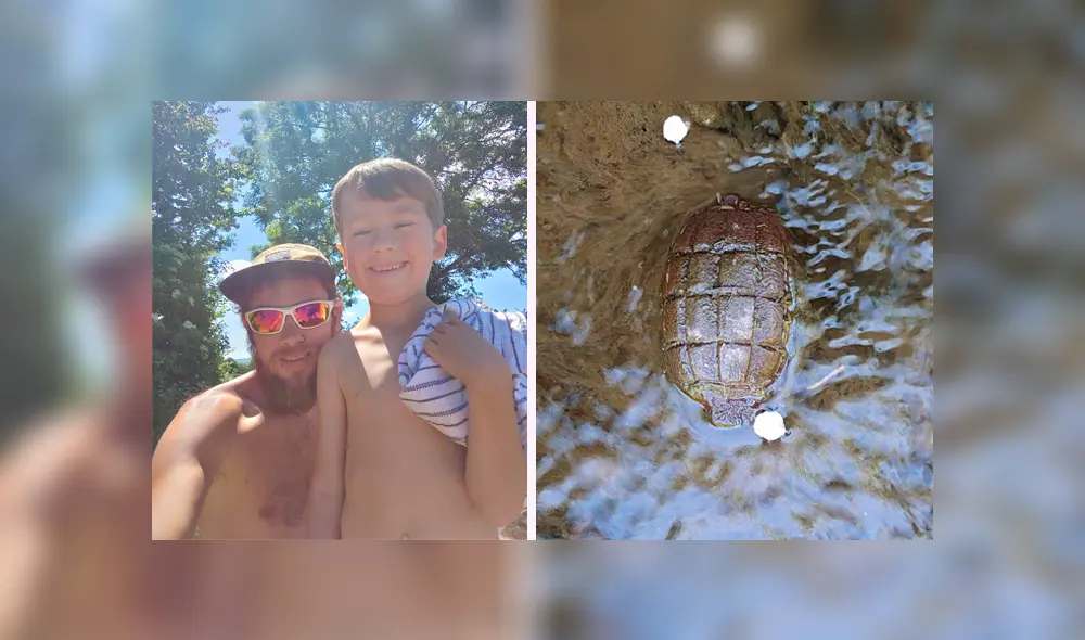 Louie Lomas, de 29 años, y su hijo Lockley, de 5 años, caminaban por la rivera de un río cuando se toparon con una granada. Louie Lomas, de 29 años, y su hijo Lockley, de 5 años, caminaban por la rivera de un río cuando se toparon con una granada.