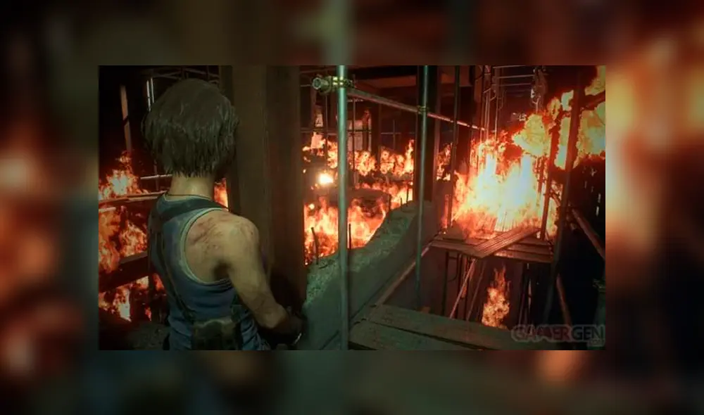 Jill Valentine y Nemesis en uno de los edificios en llamas de Raccon City. Jill Valentine y Nemesis en uno de los edificios en llamas de Raccon City.