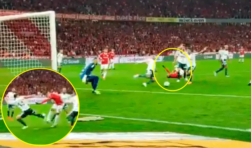 Paolo Guerrero recibió un duro "planchazo" durante el partido entre el Internacional y Palmeiras por la Copa de Brasil.