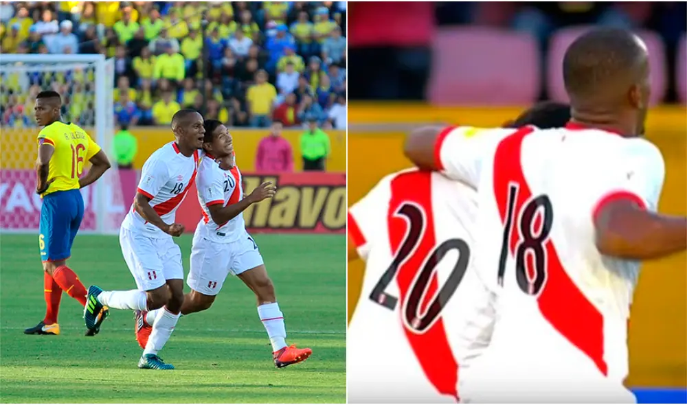 André Carillo y Edison Flores celebrando el primer gol de Perú ante Ecuador en Quito. | Foto: AFP