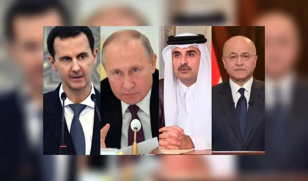 De izquierda a derecha: presidentes de Siria, Rusia, Qatar e Irak; los aliados de Irán ante una eventual guerra mundial.
