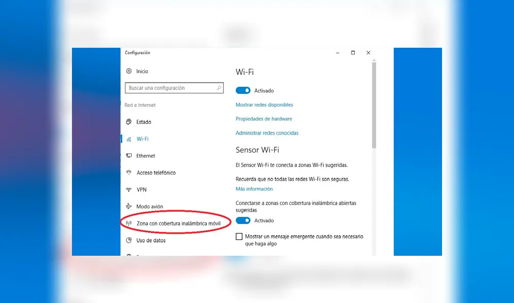 Busca la opción “Zona con cobertura inalámbrica móvil” del menú lateral y selecciónala.