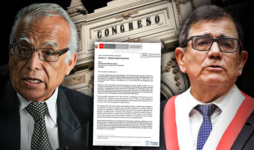 El presidente del Consejo de Ministros presentó una cuestión de confianza al titular del Congreso, Williams Zapata. Foto: composición Fabrizio Oviedo El presidente del Consejo de Ministros presentó una cuestión de confianza al titular del Congreso, Williams Zapata. Foto: composición Fabrizio Oviedo