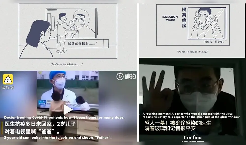 En las imágenes un niño observa a su padre que es doctor mientras da una entrevista en la TV. En otra viñeta un doctor en cuarentena indica el progreso de su salud.