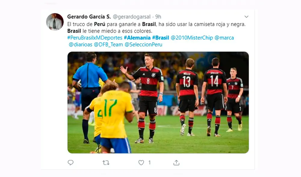 Perú vs Brasil: Alemania fue tendencia en Twitter tras triunfo de la Bicolor. Foto: Captura Twitter. Perú vs Brasil: Alemania fue tendencia en Twitter tras triunfo de la Bicolor. Foto: Captura Twitter.