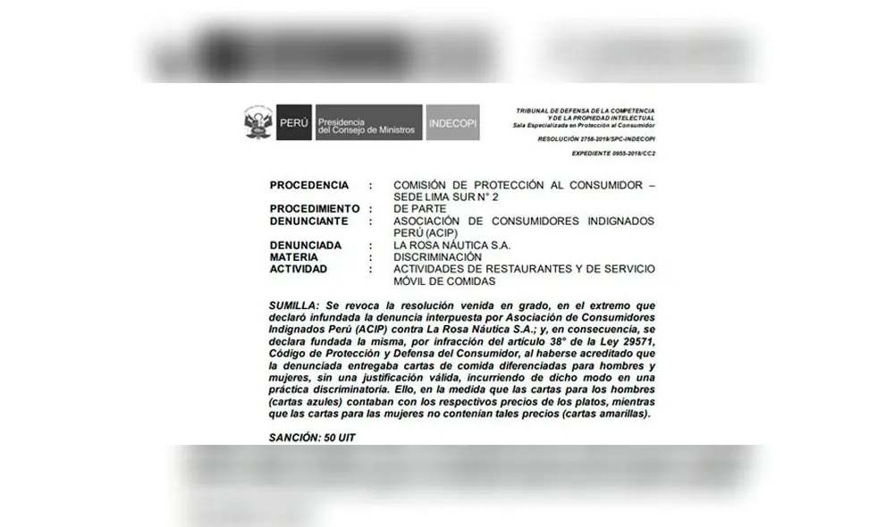 Indecopi multa a La Rosa Náutica con S/210 000 por omitir precios en sus cartas solo a mujeres Indecopi multa a La Rosa Náutica con S/210 000 por omitir precios en sus cartas solo a mujeres