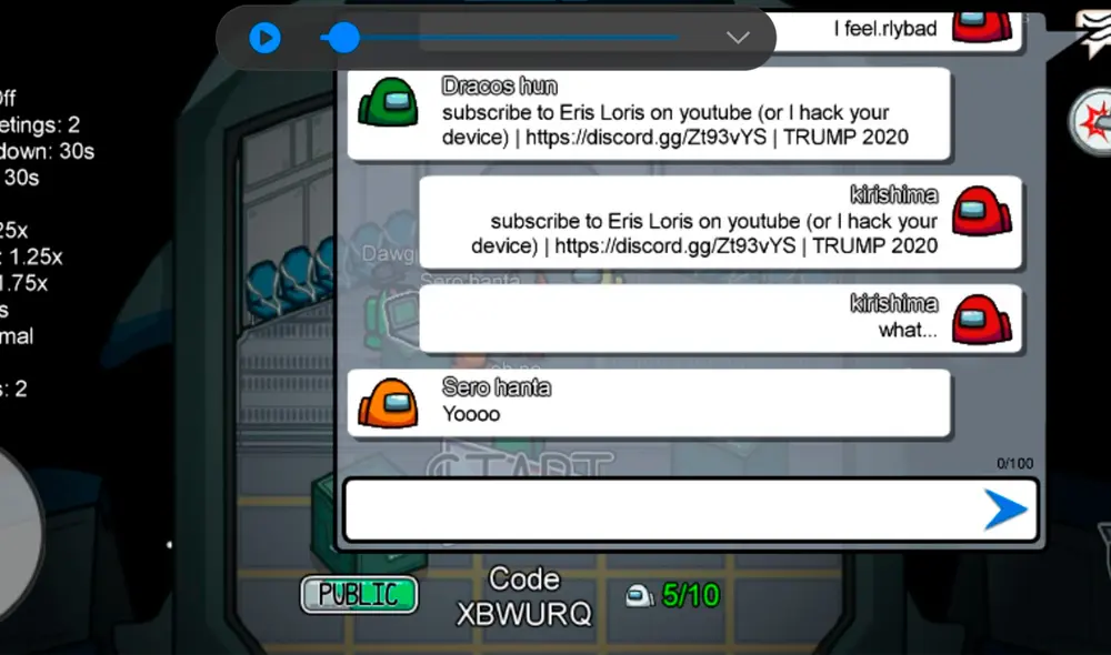 Aparecen mensajes spam en las partidas de Among Us. Foto: Twitter